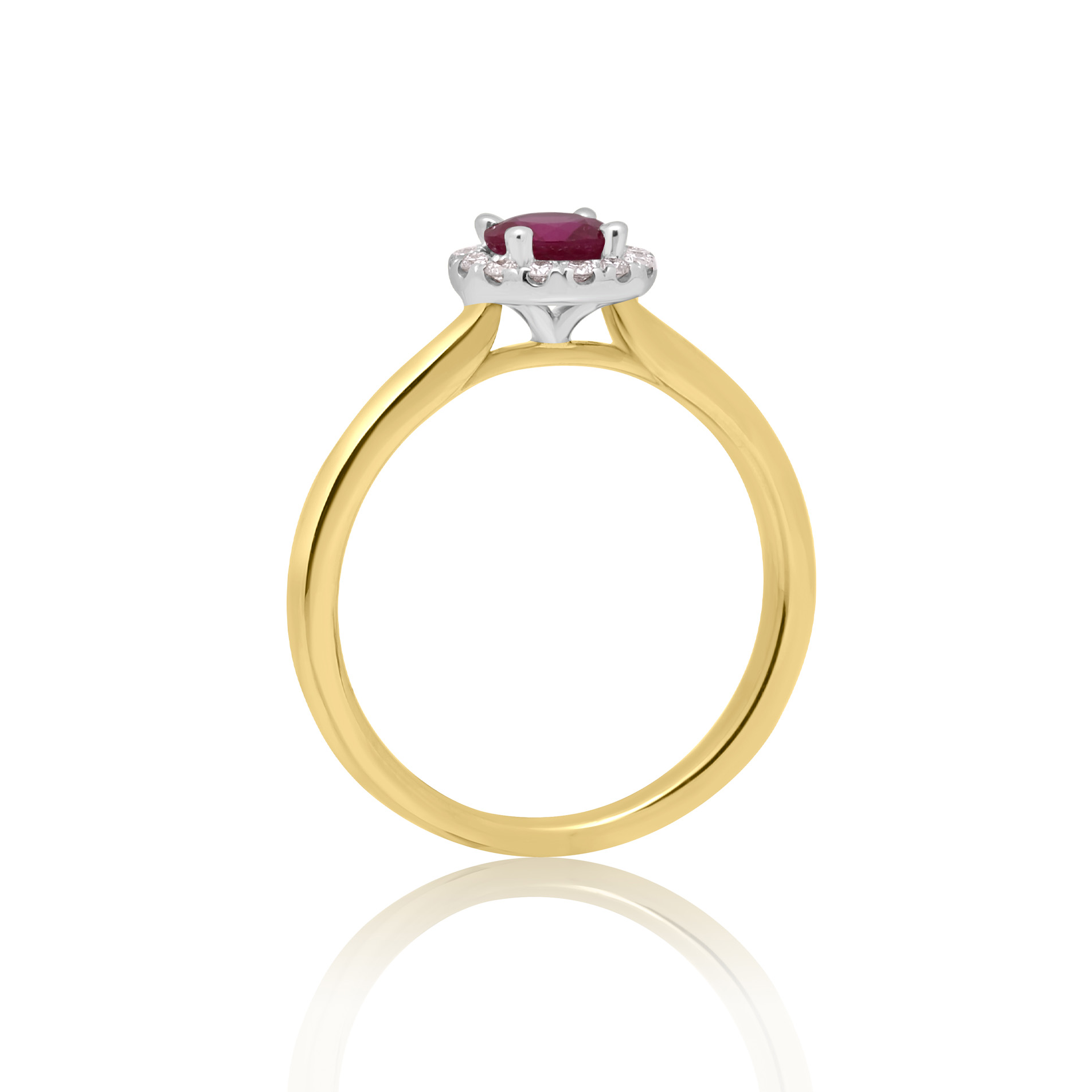 An 18ct yellow and white gold round ruby and round brilliant cut diamond cluster ring.