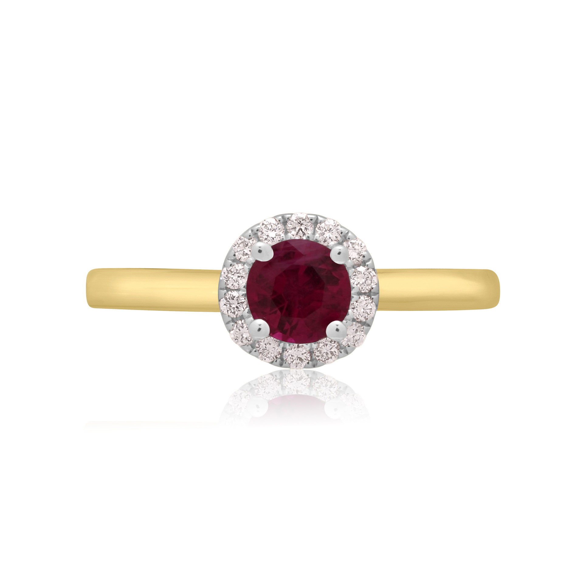An 18ct yellow and white gold round ruby and round brilliant cut diamond cluster ring.