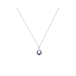 An 18ct white gold multi-shade blue sapphire and round brilliant cut diamond circular pendant and chain.