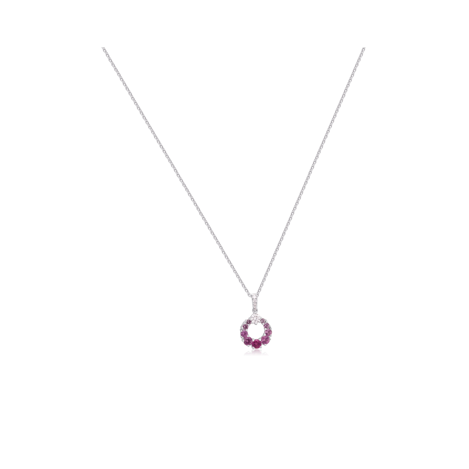 An 18ct white gold multi-shade pink sapphire and round brilliant cut diamond circular pendant and chain.