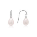 A pair of 9ct white gold freshwater pearl and single stone round brilliant cut diamond drop earrings, with an earhook for pierced ears.