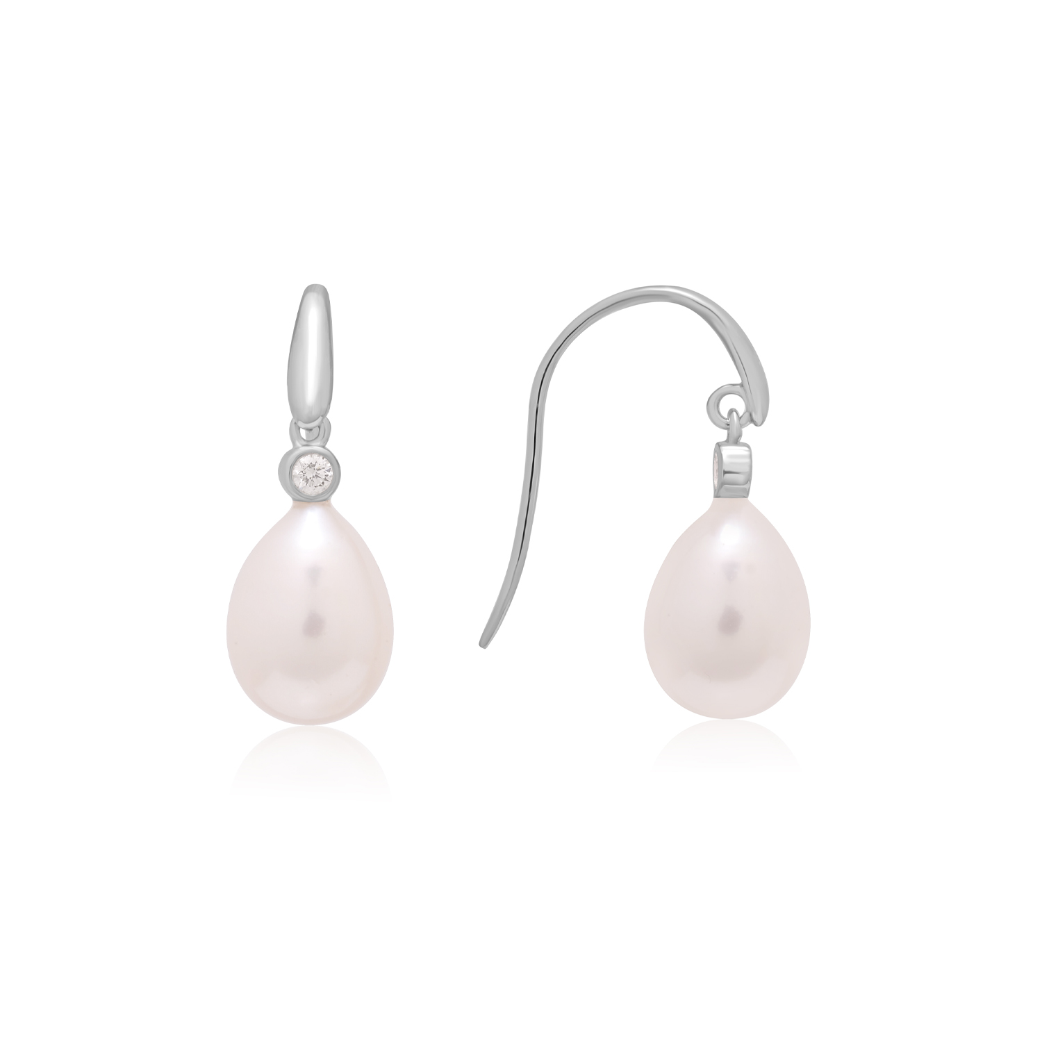 A pair of 9ct white gold freshwater pearl and single stone round brilliant cut diamond drop earrings, with an earhook for pierced ears.