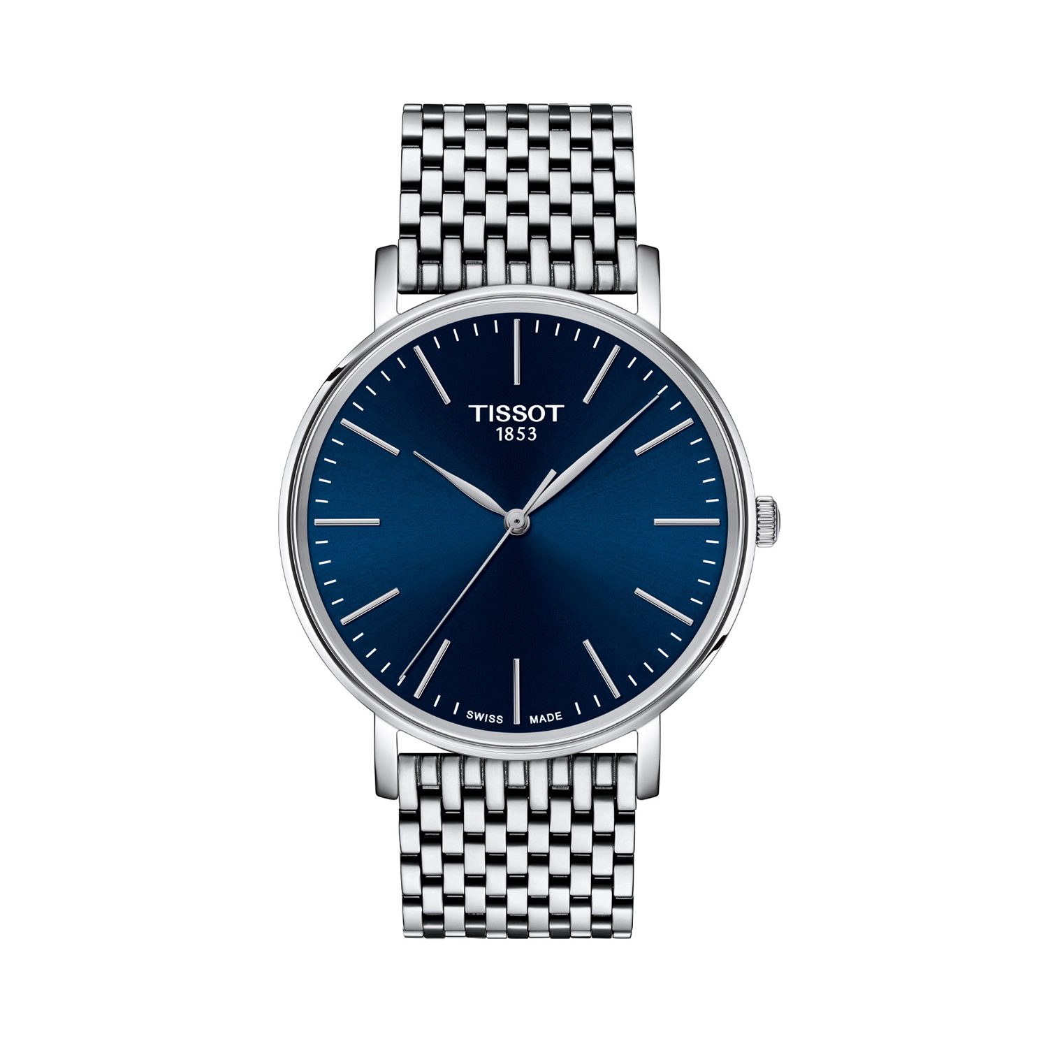 Tissot, Everytime with a 40mm stainless steel case and bracelet strap featuring a blue dial.