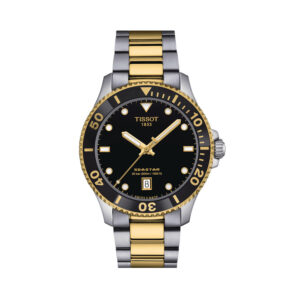 Tissot Seastar 1000 with a 40mm stainless steel and gold PVD coated case and bracelet strap featuring a date function and a black dial and ceramic bezel.