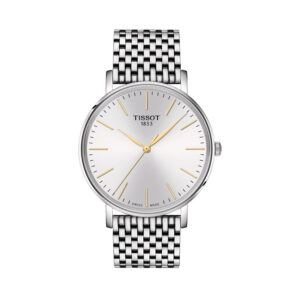 Tissot Everytime with a 40mm stainless steel case and bracelet strap featuring a silver dial.