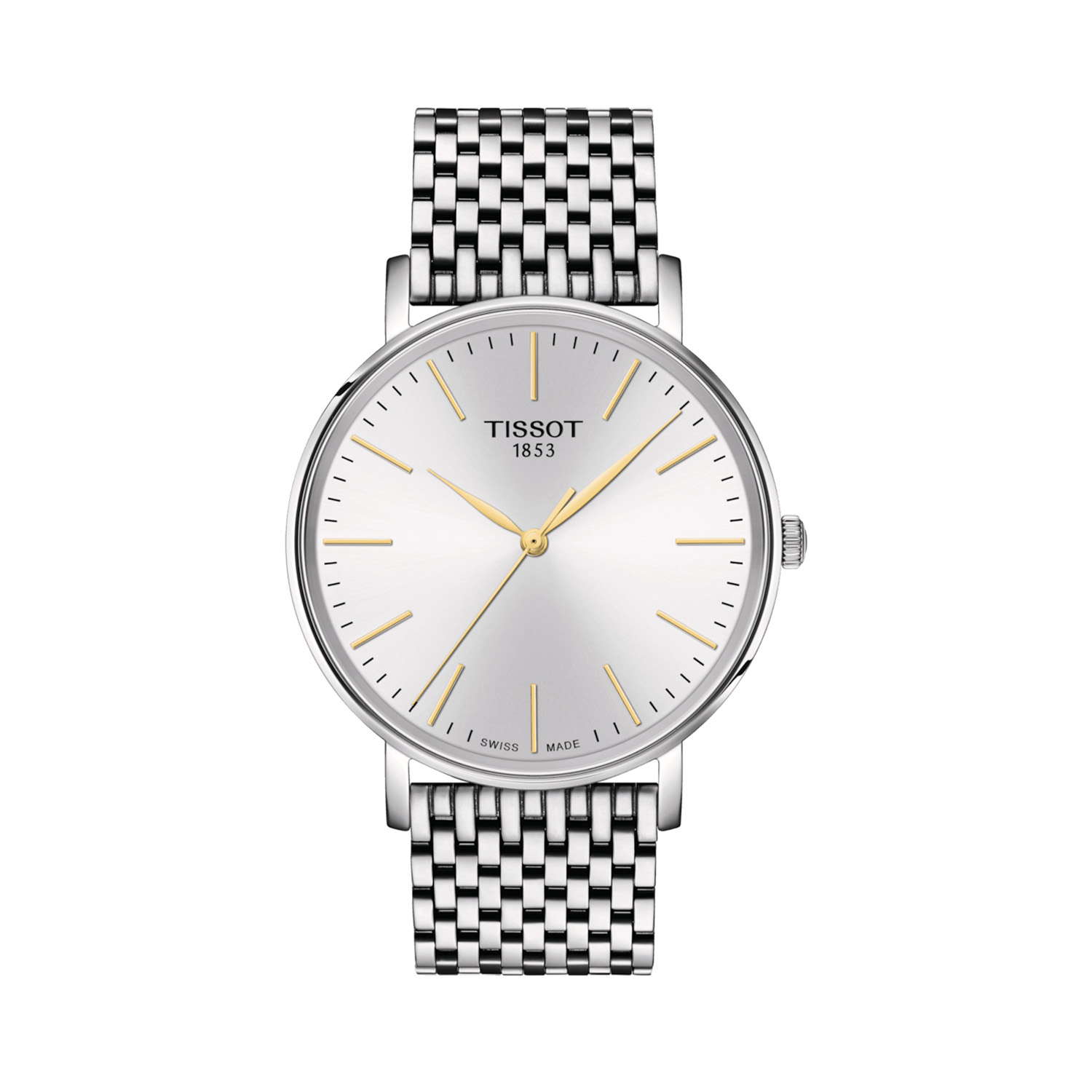 Tissot Everytime with a 40mm stainless steel case and bracelet strap featuring a silver dial.
