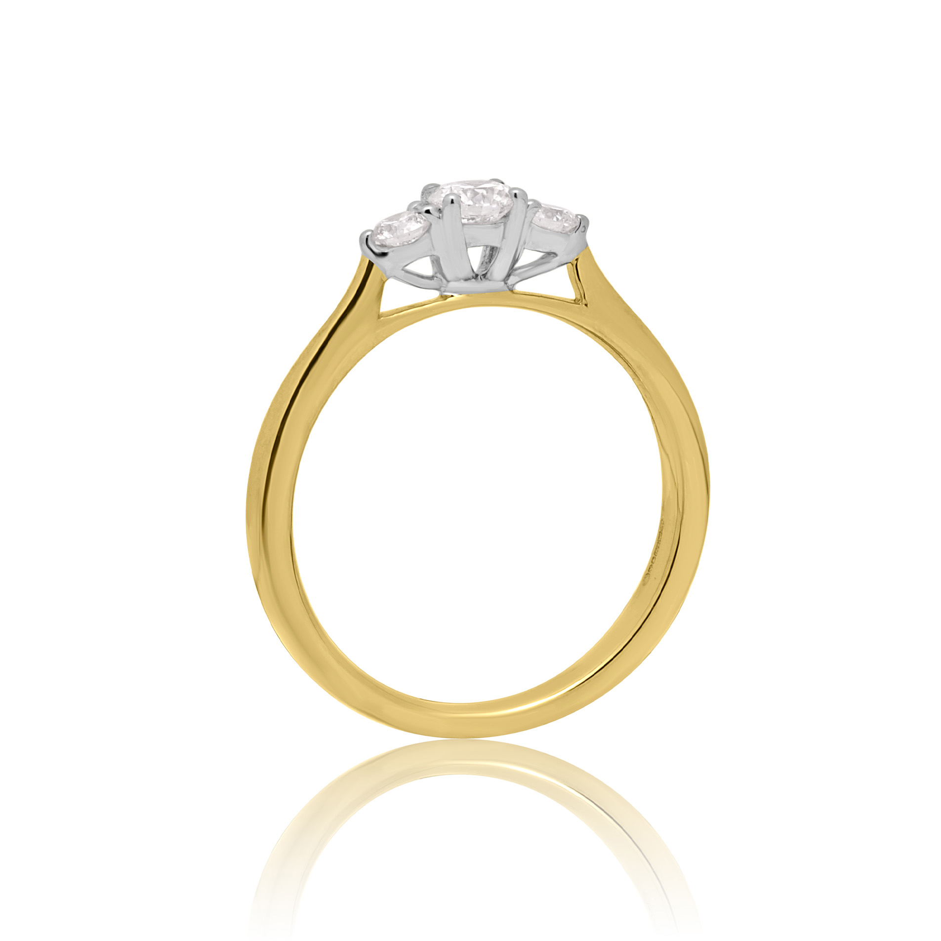 18ct Yellow Gold Brilliant Cut Diamond Three Stone Ring An 18ct yellow and white gold round brilliant cut diamond three stone ring.
