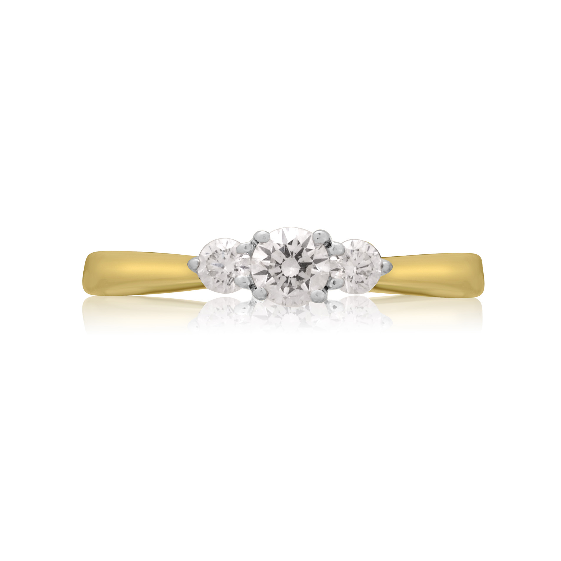 18ct Yellow Gold Brilliant Cut Diamond Three Stone Ring An 18ct yellow and white gold round brilliant cut diamond three stone ring.