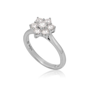 A platinum round brilliant cut diamond seven stone cluster ring with a claw setting.