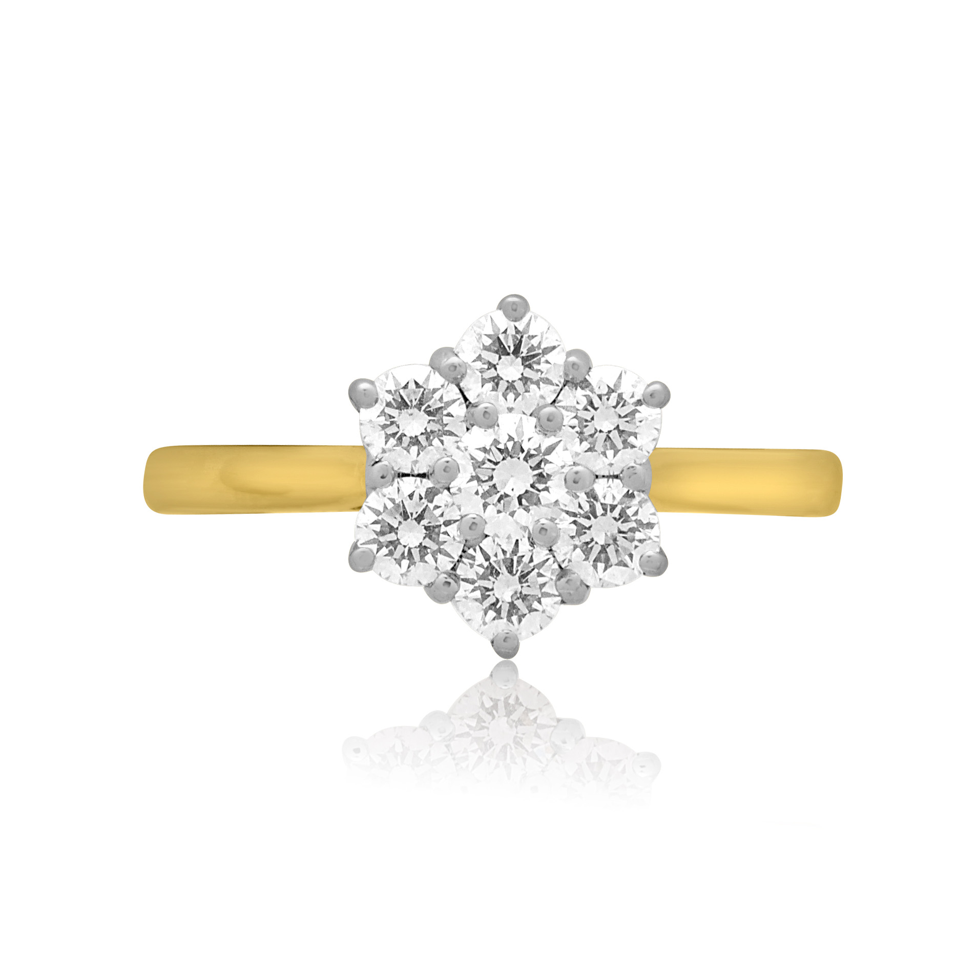 An 18ct yellow and white gold round brilliant cut diamond seven stone cluster ring with a claw setting.