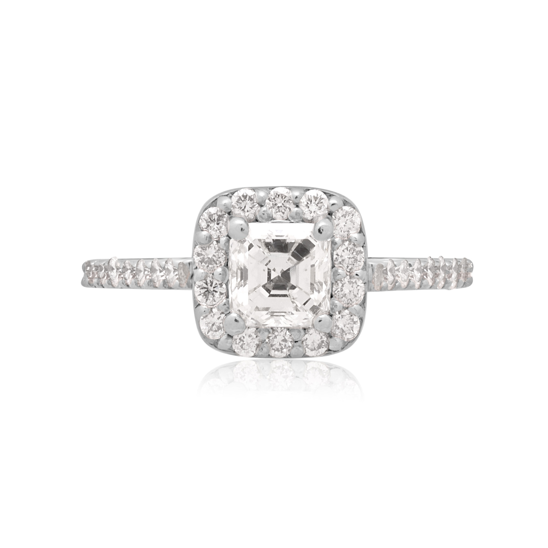 Platinum Asscher Cut Diamond Cluster Ring with Diamond Shoulders A platinum Asscher cut diamond cluster ring with diamond set shoulders.