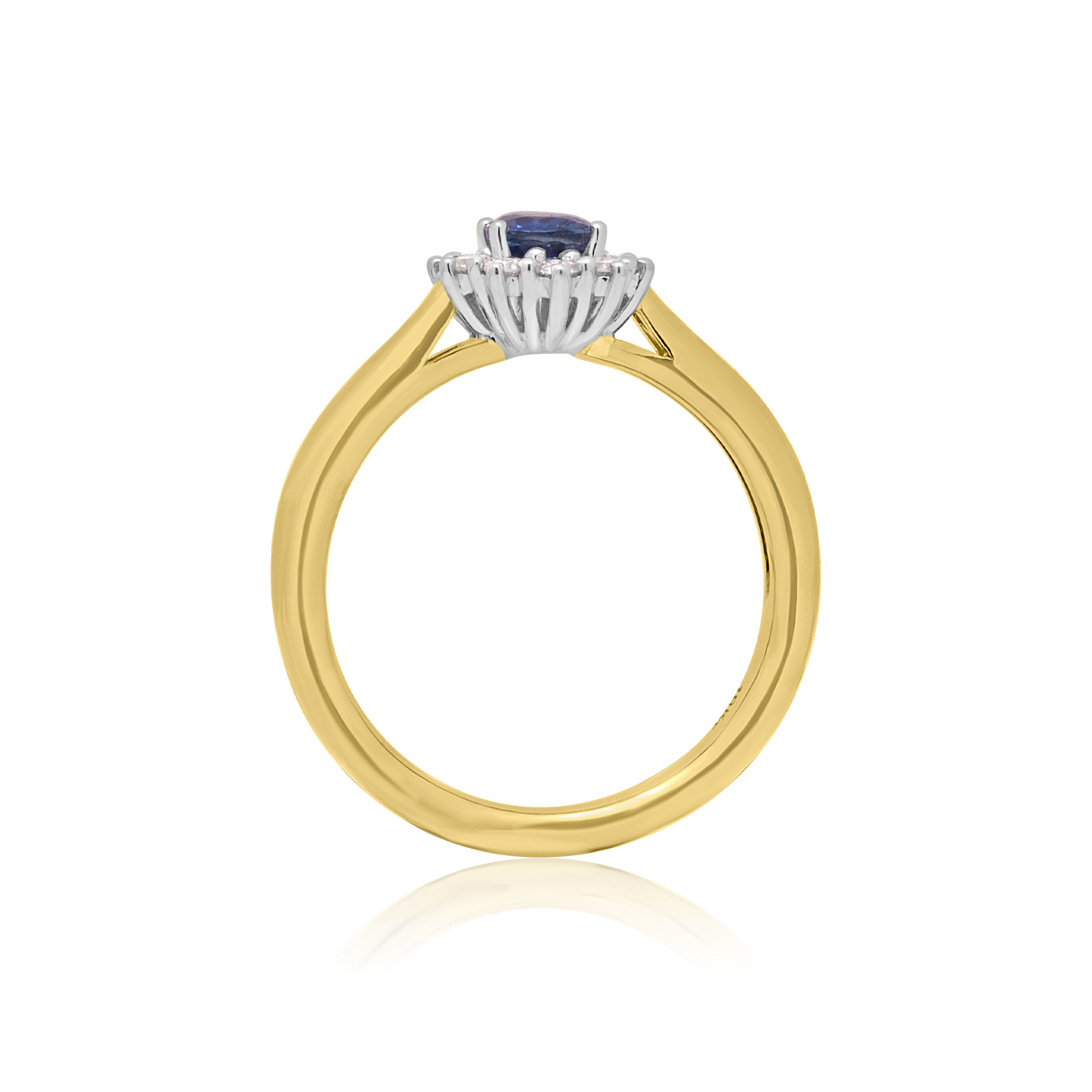 18ct Yellow Gold Sapphire & Brilliant Cut Diamond Cluster Ring An 18ct gold, oval sapphire and brilliant cut diamond set cluster ring.