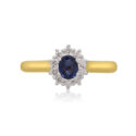 18ct Yellow Gold Sapphire & Brilliant Cut Diamond Cluster Ring An 18ct gold, oval sapphire and brilliant cut diamond set cluster ring.