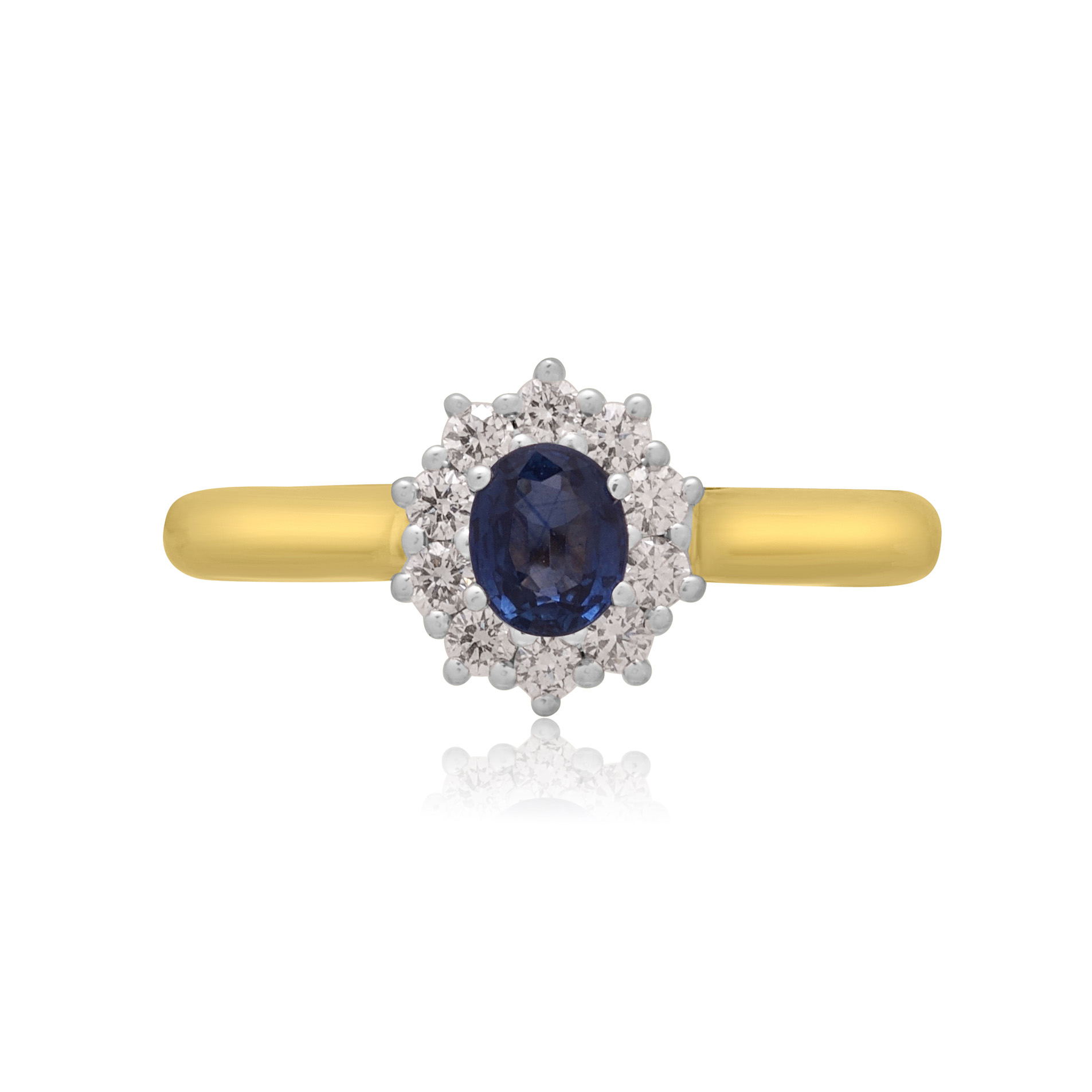 18ct Yellow Gold Sapphire & Brilliant Cut Diamond Cluster Ring An 18ct gold, oval sapphire and brilliant cut diamond set cluster ring.
