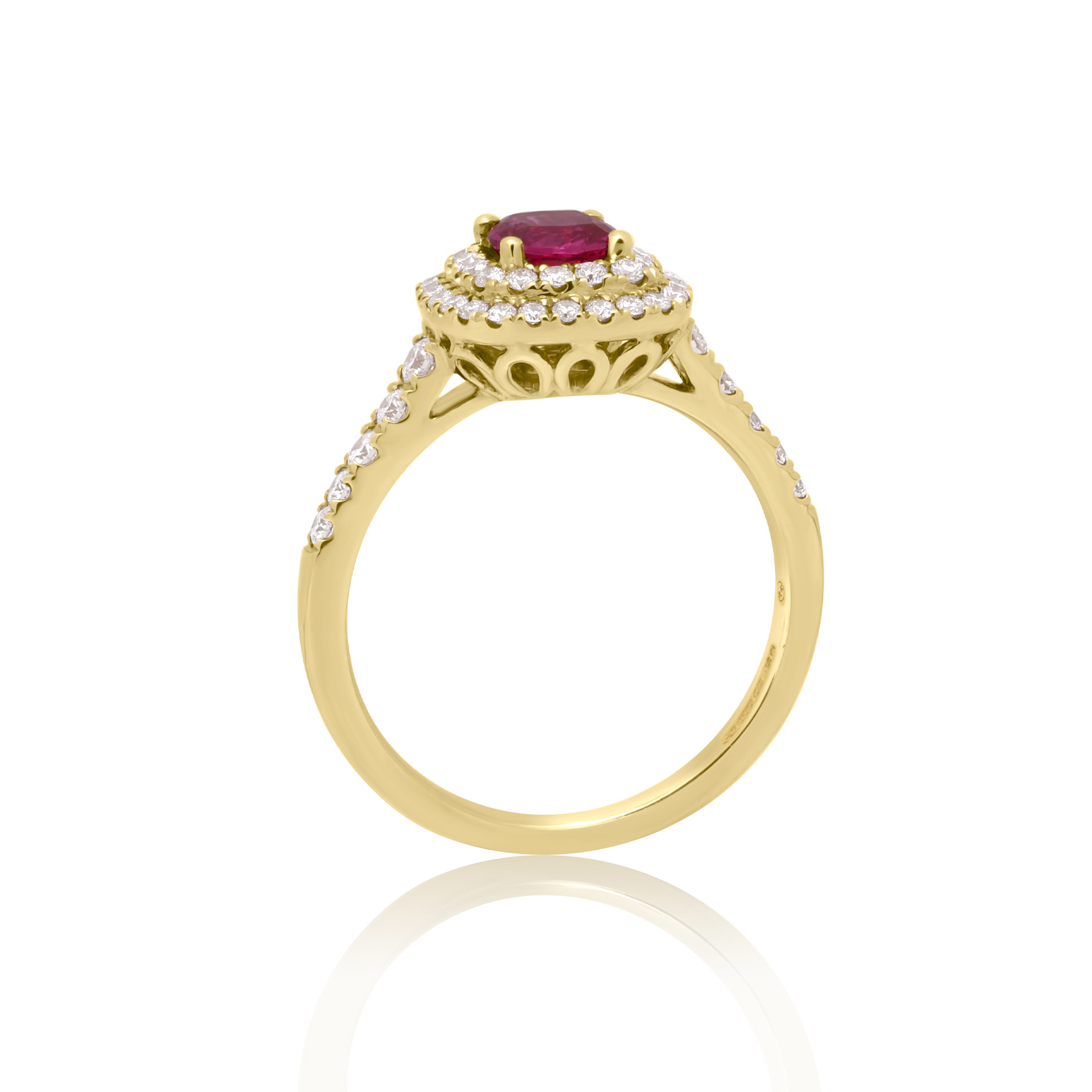 An 18ct yellow gold ruby and round brilliant cut diamond double row cluster ring with diamond set shoulders.