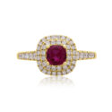An 18ct yellow gold ruby and round brilliant cut diamond double row cluster ring with diamond set shoulders.