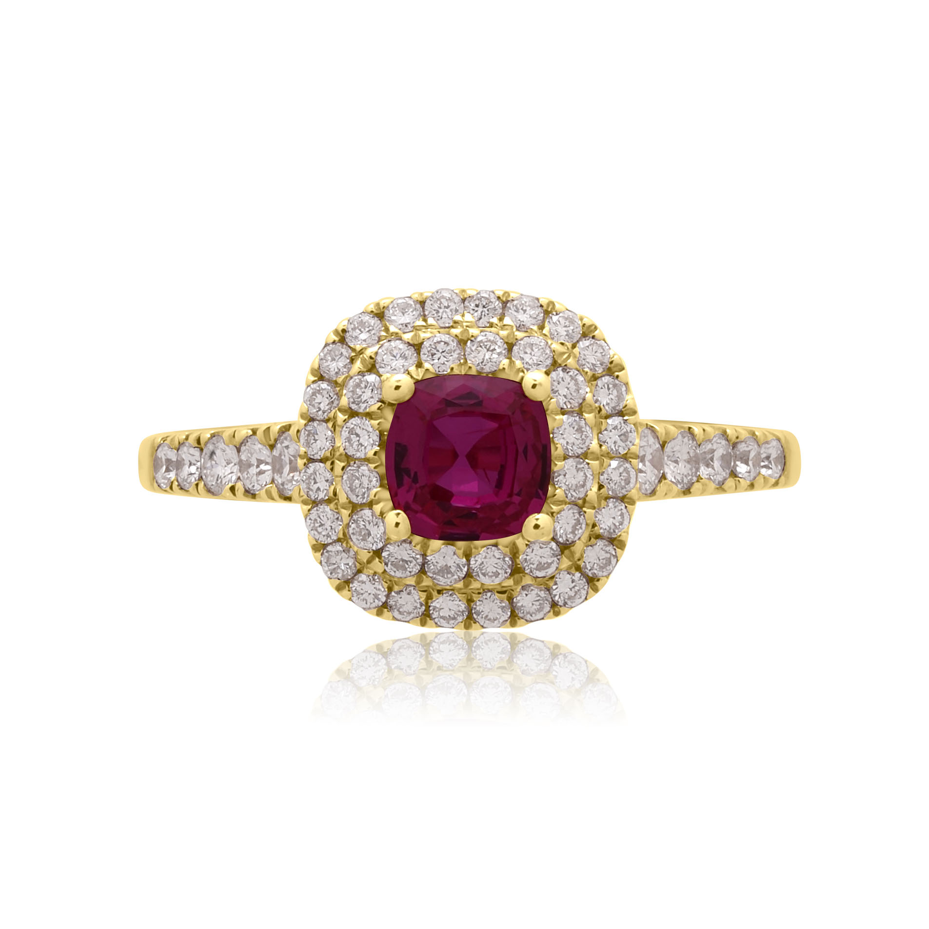 An 18ct yellow gold ruby and round brilliant cut diamond double row cluster ring with diamond set shoulders.