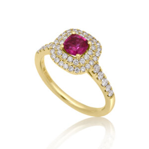 An 18ct yellow gold ruby and round brilliant cut diamond double row cluster ring with diamond set shoulders.