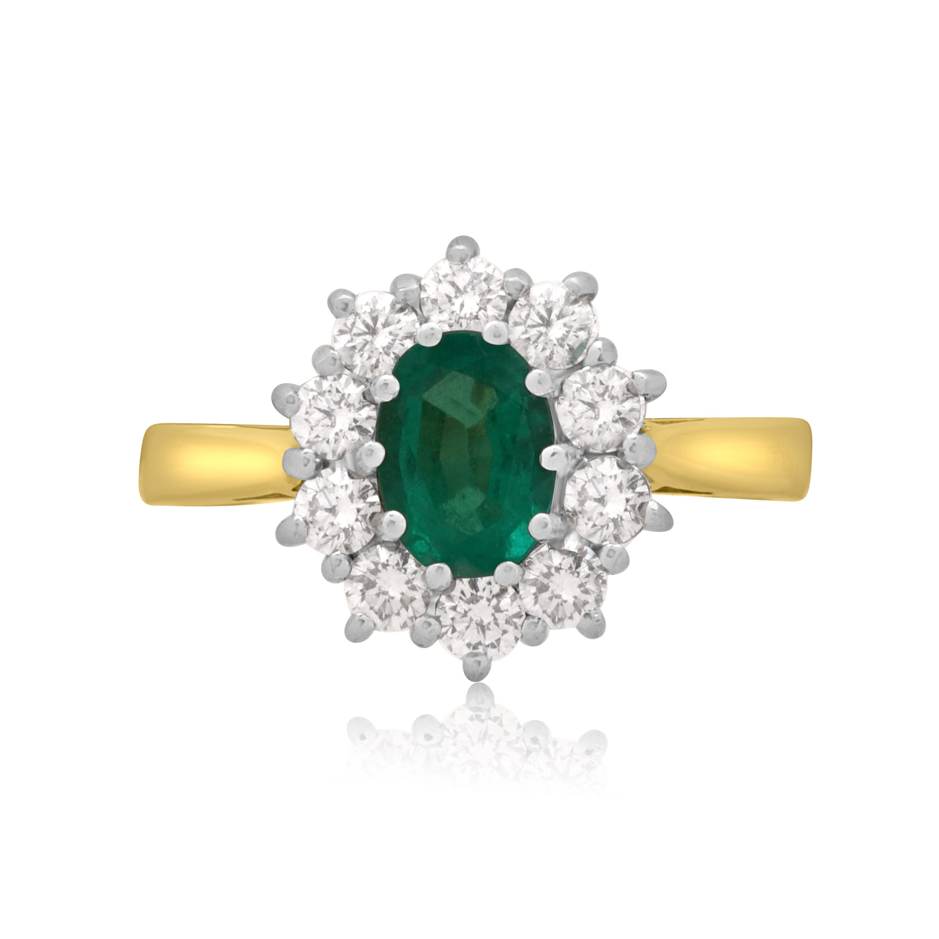 18ct Yellow & White Gold Oval Emerald & Diamond Cluster Ring An 18ct yellow and white gold oval emerald and diamond cluster ring.