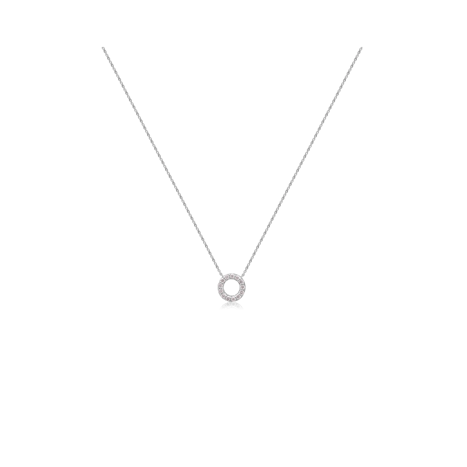 An 18ct white gold round brilliant cut diamond circle pendant on a chain.