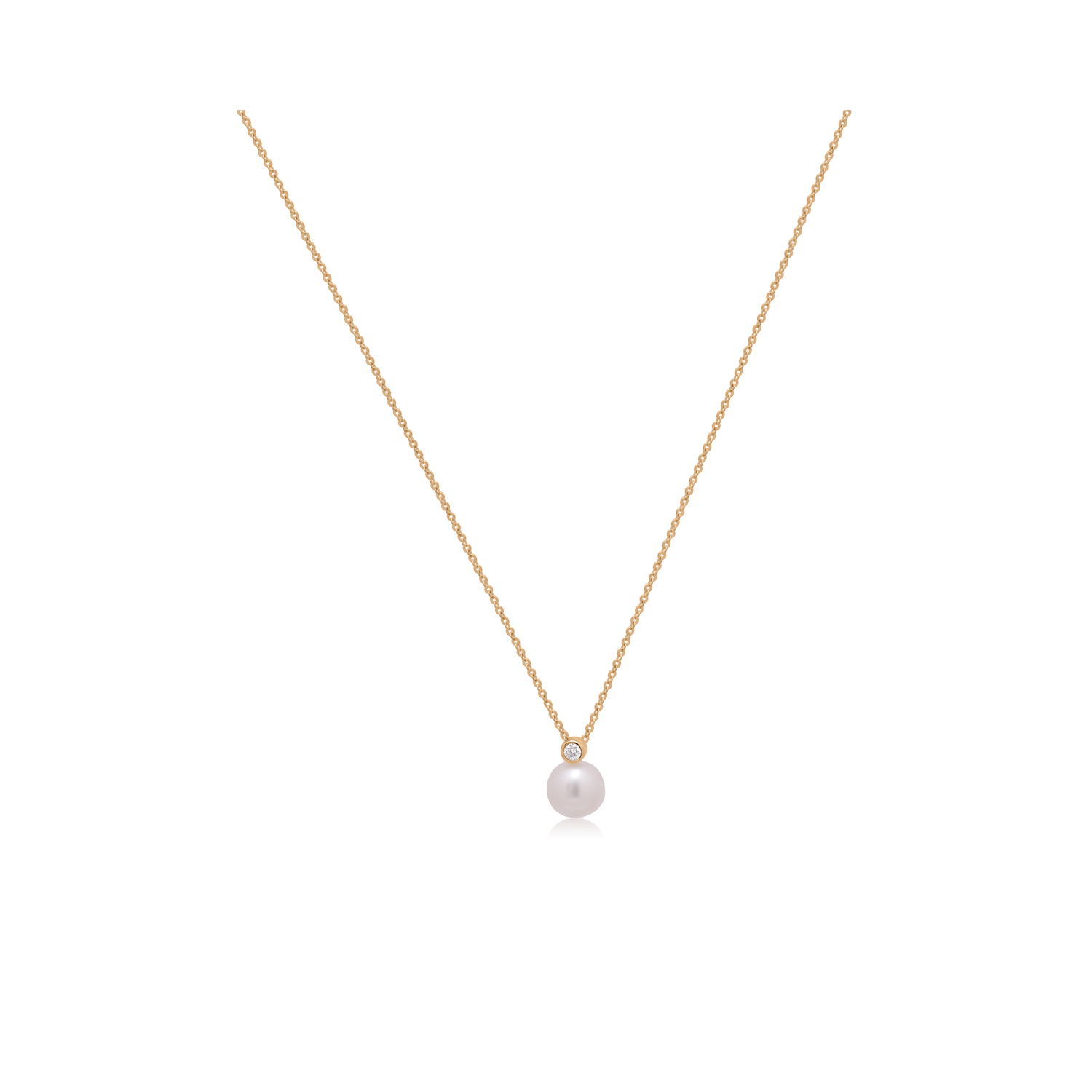 A 9ct yellow gold pearl and diamond pendant and chain.