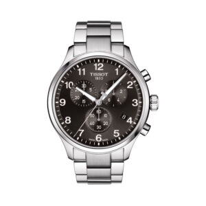 Tissot, Chrono XL Classic with a 45mm stainless steel case and bracelet strap featuring a chronograph, date function and a black dial.