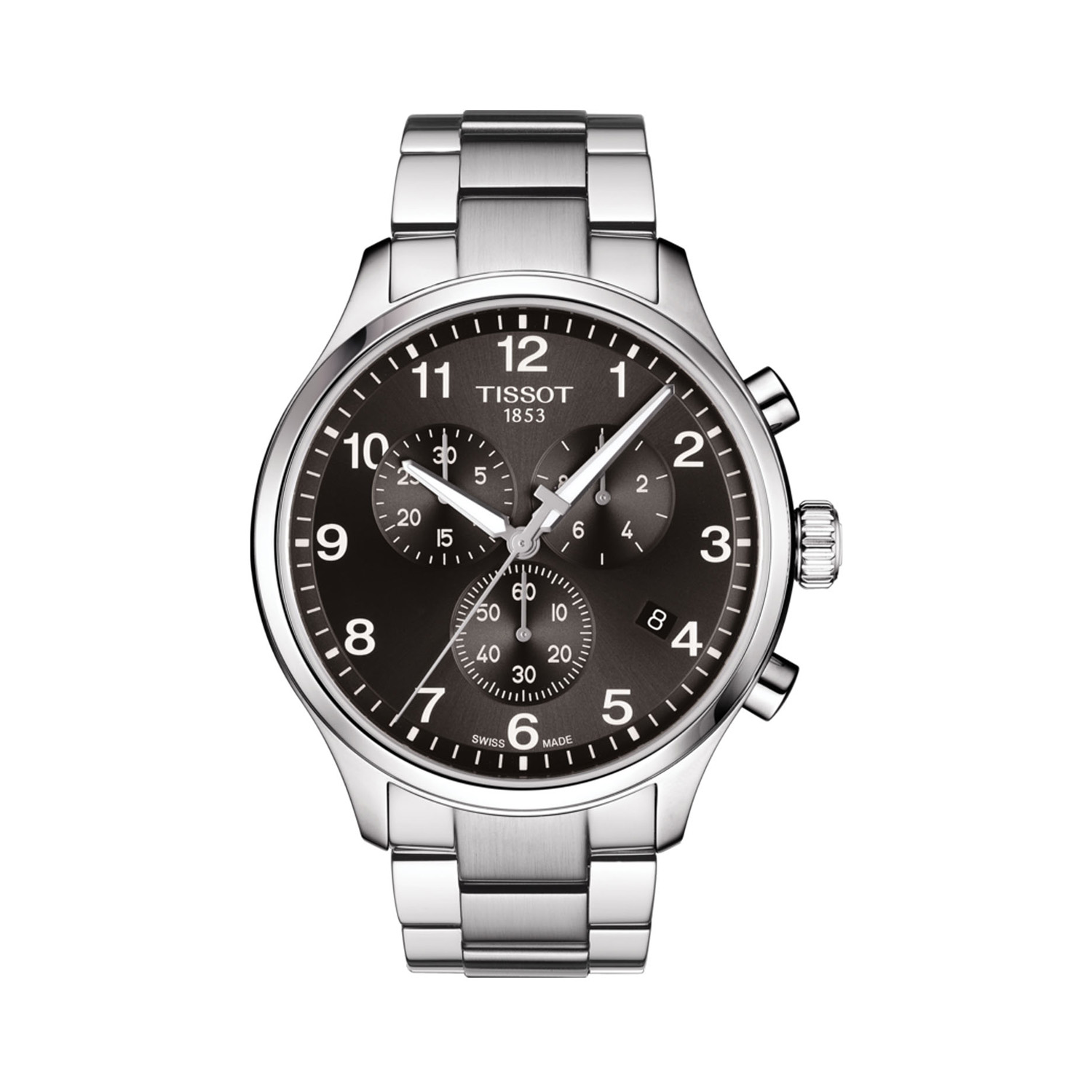 Tissot, Chrono XL Classic with a 45mm stainless steel case and bracelet strap featuring a chronograph, date function and a black dial.