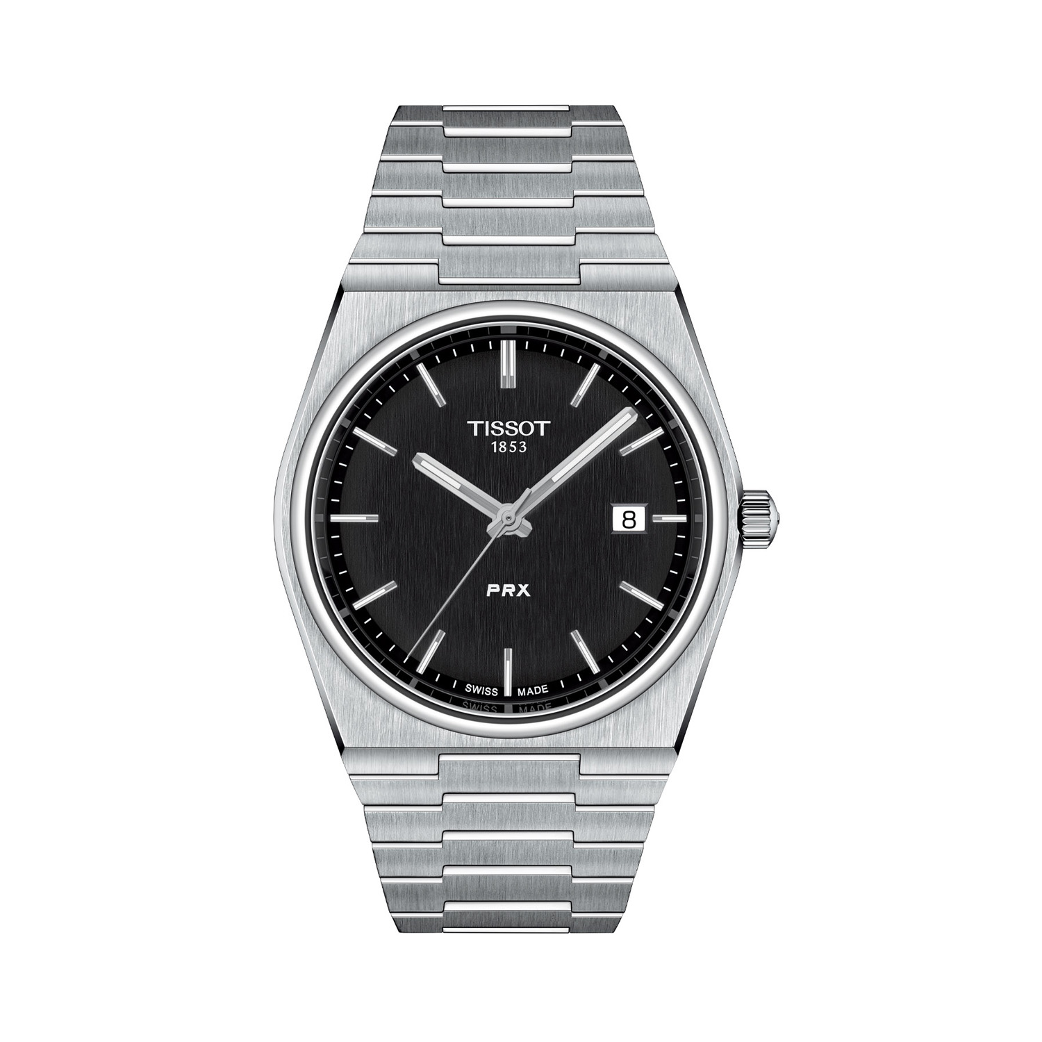 Tissot, PRX Black, Quartz Men's Watch Tissot, PRX with a 40mm stainless steel case and bracelet strap featuring a date function and a black dial.