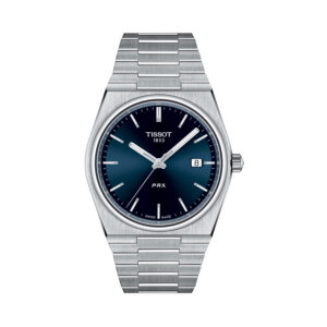 Tissot, PRX with a 40mm stainless steel case and bracelet strap featuring a date function and a dark blue dial.