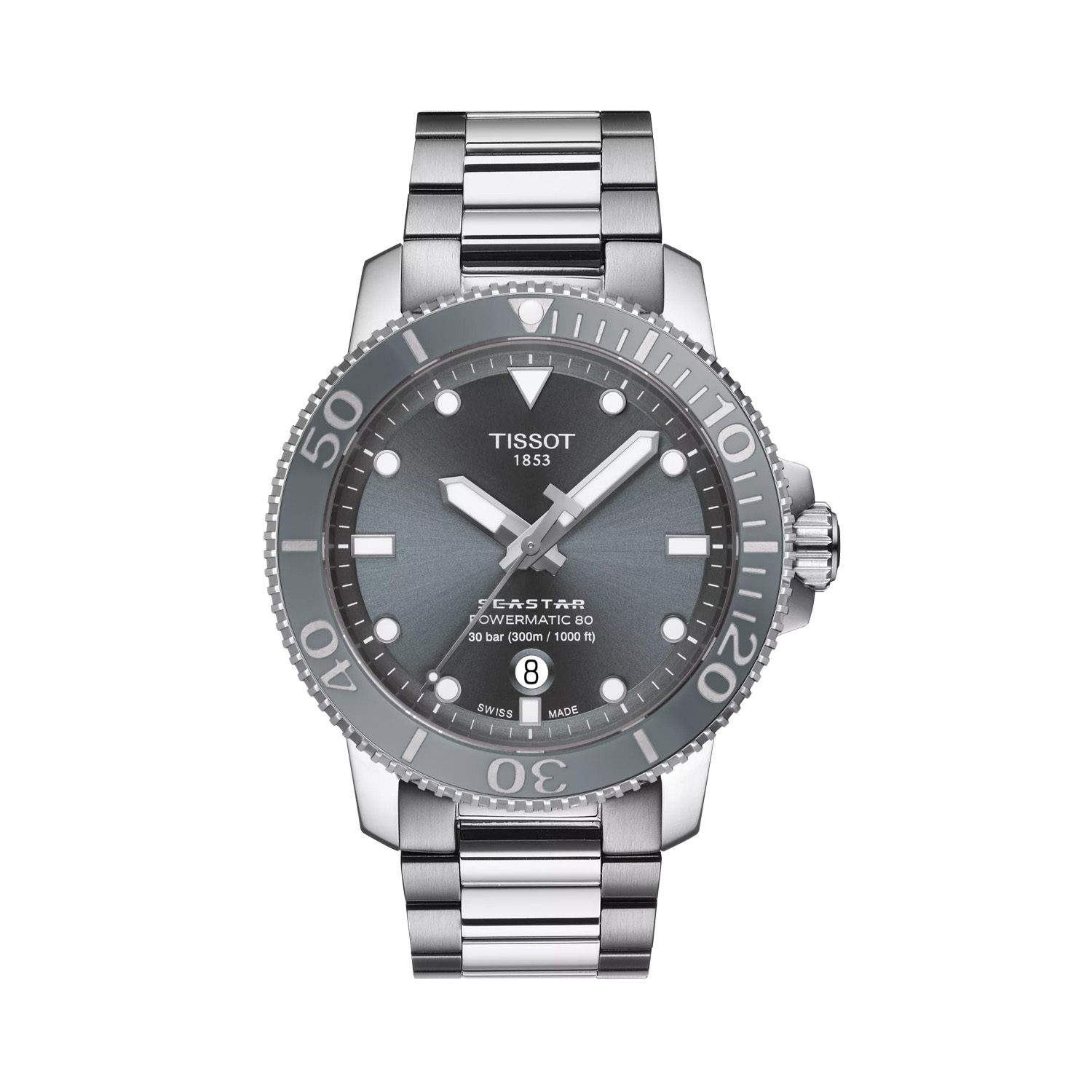 Tissot, Seastar 1000 Powermatic 80 Grey, Automatic Men's Watch Tissot, Seastar 1000 Powermatic 80 with a 43mm stainless steel case and bracelet strap featuring a date function and a grey dial and bezel.