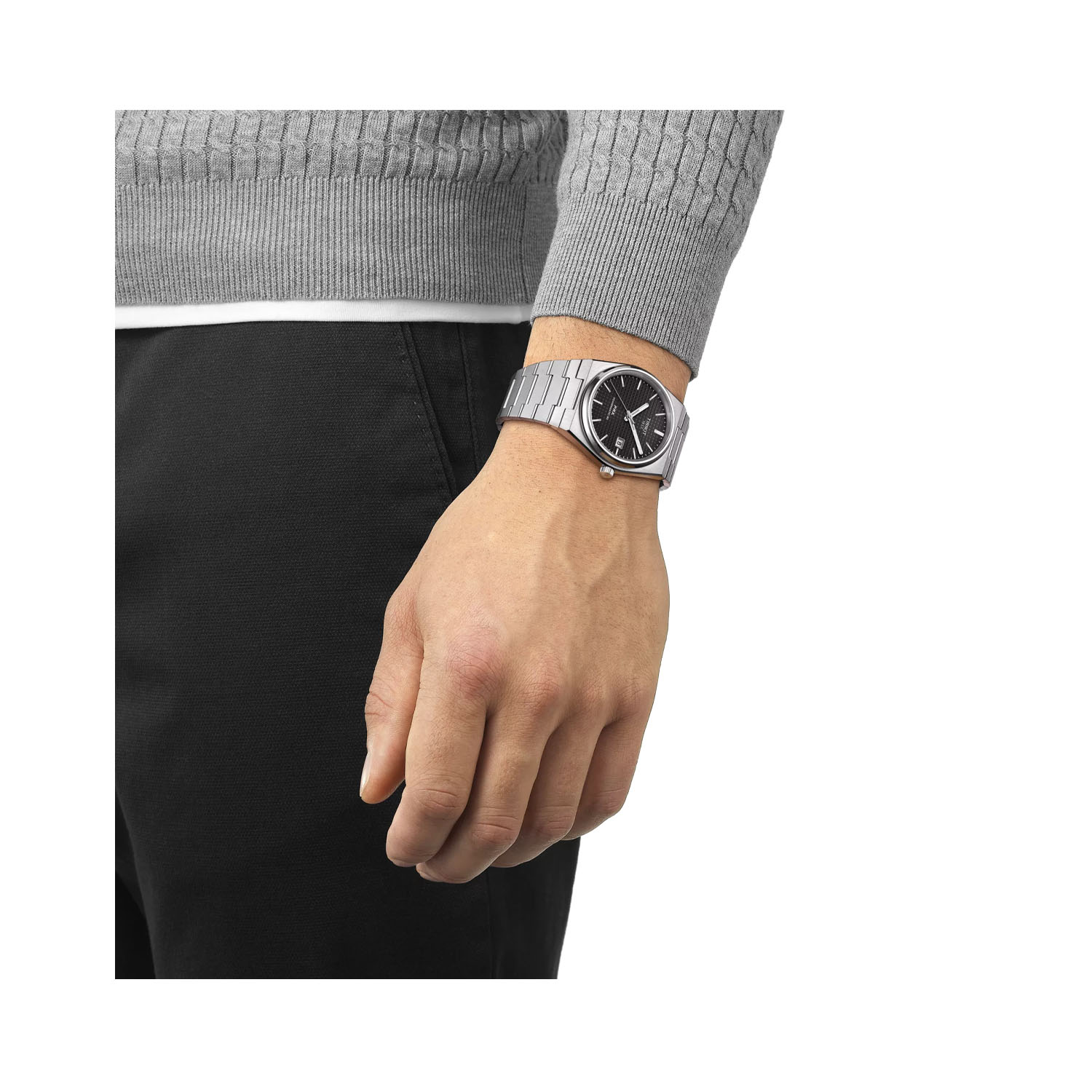 Tissot, PRX Powermatic 80 with a 40mm stainless steel case and bracelet strap featuring a date function and a black dial.