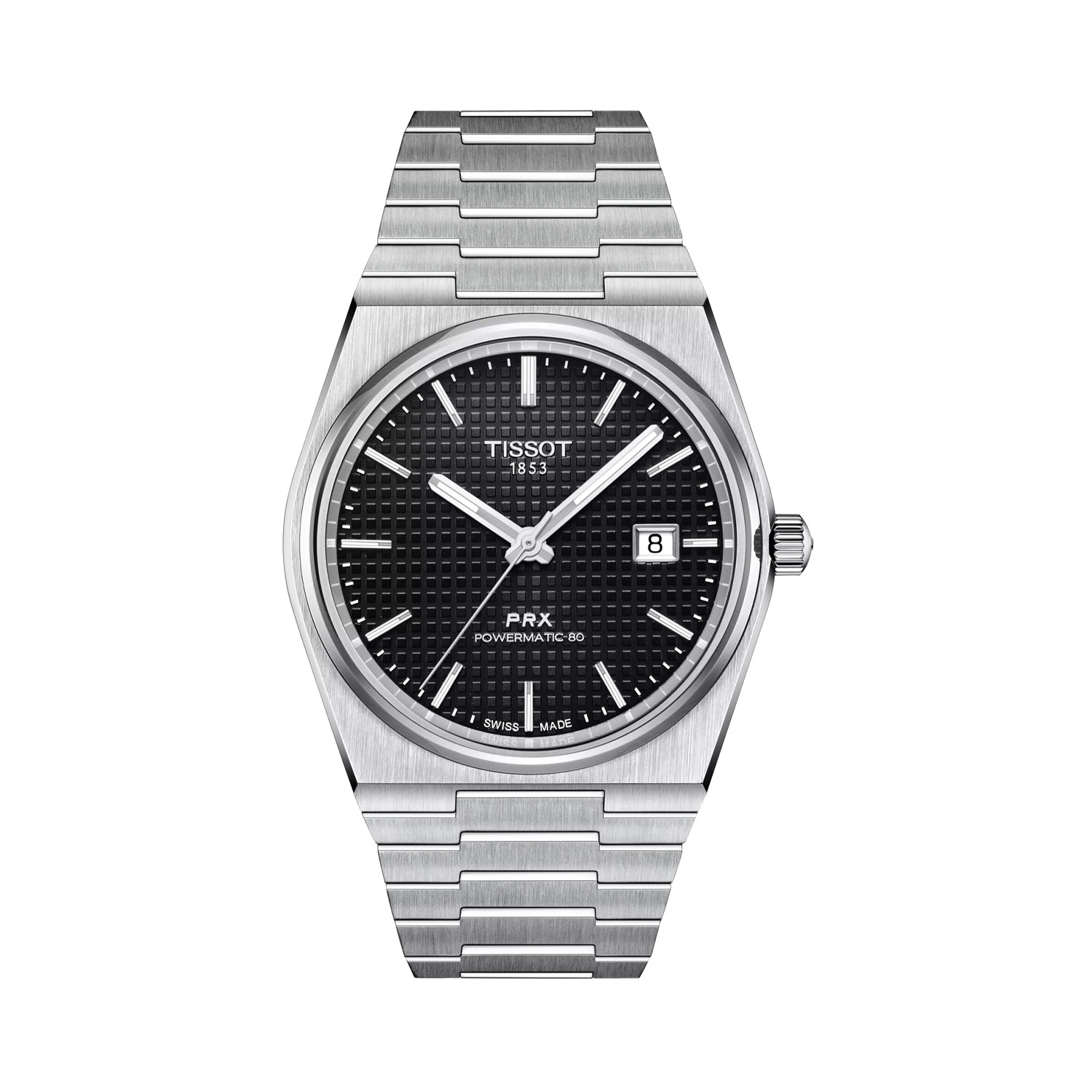 Tissot, PRX Powermatic 80 with a 40mm stainless steel case and bracelet strap featuring a date function and a black dial.