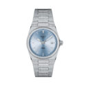 Tissot, PRX with a 35mm stainless steel case and bracelet strap featuring a date function and a light blue dial.