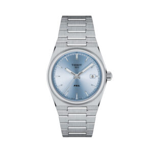 Tissot, PRX with a 35mm stainless steel case and bracelet strap featuring a date function and a light blue dial.