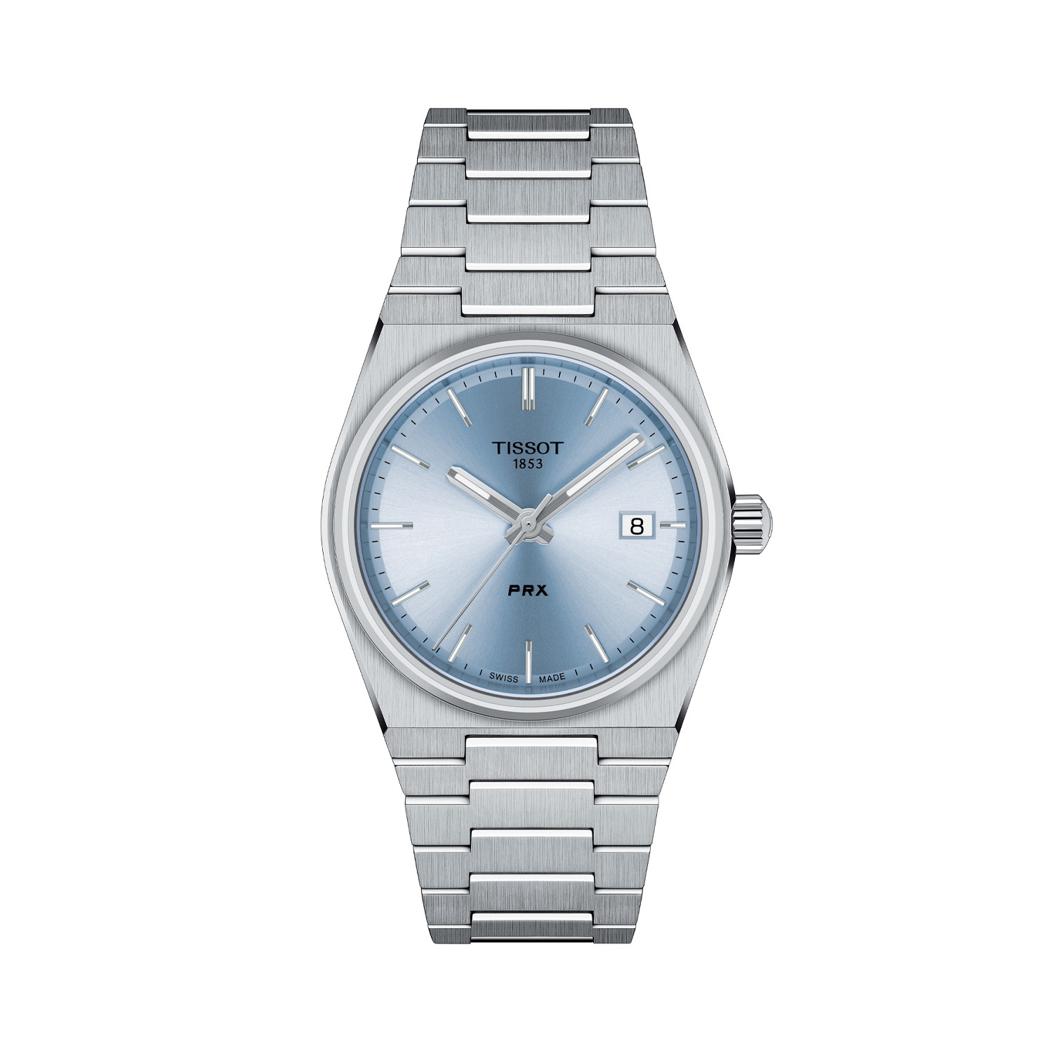 Tissot, PRX with a 35mm stainless steel case and bracelet strap featuring a date function and a light blue dial.