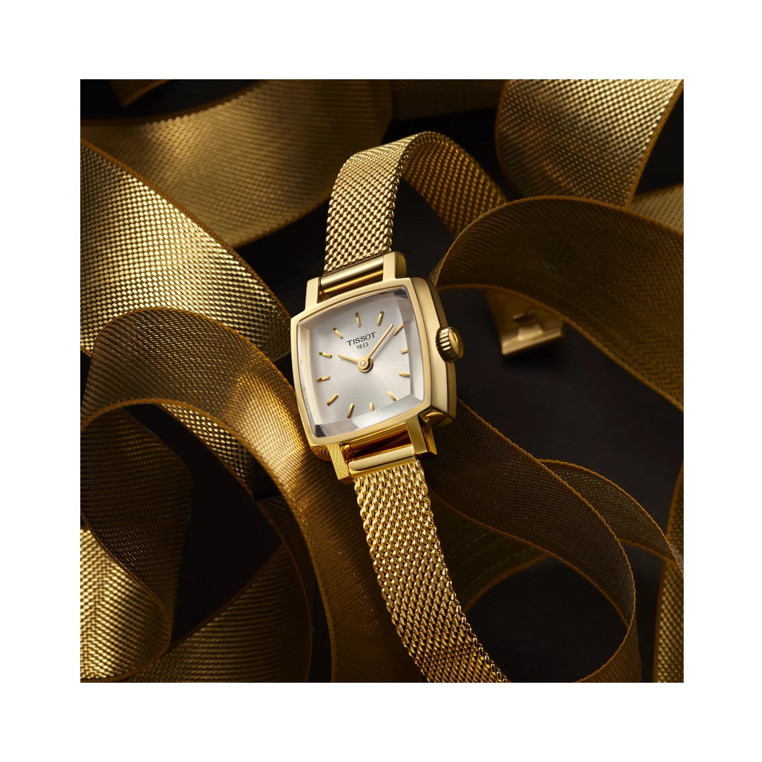 Tissot, Lovely Square with a 20mm stainless steel and yellow gold PVD coated case and bracelet strap featuring a silver dial.