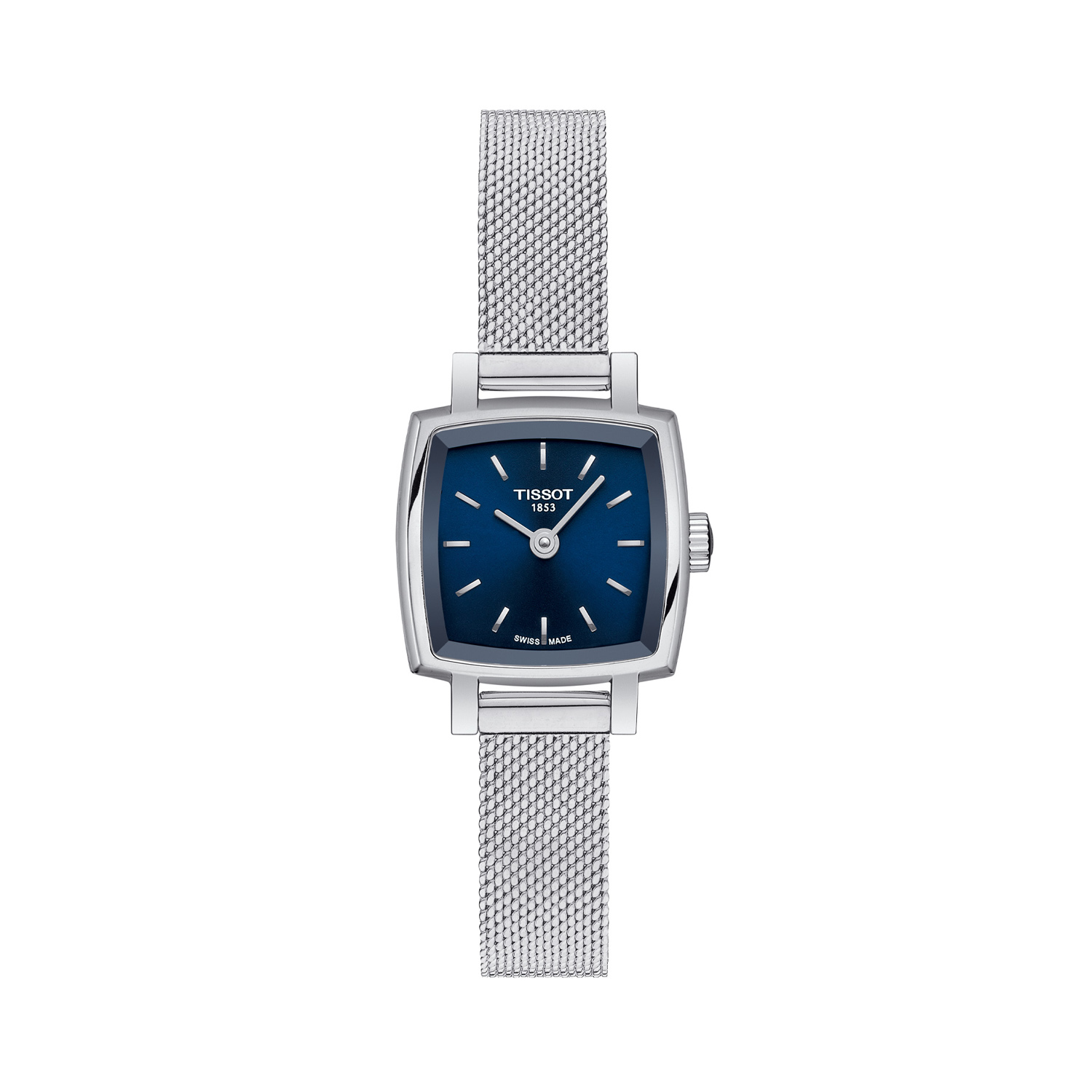 Tissot, Lovely Square with a 20mm stainless steel case and bracelet strap featuring a blue dial.