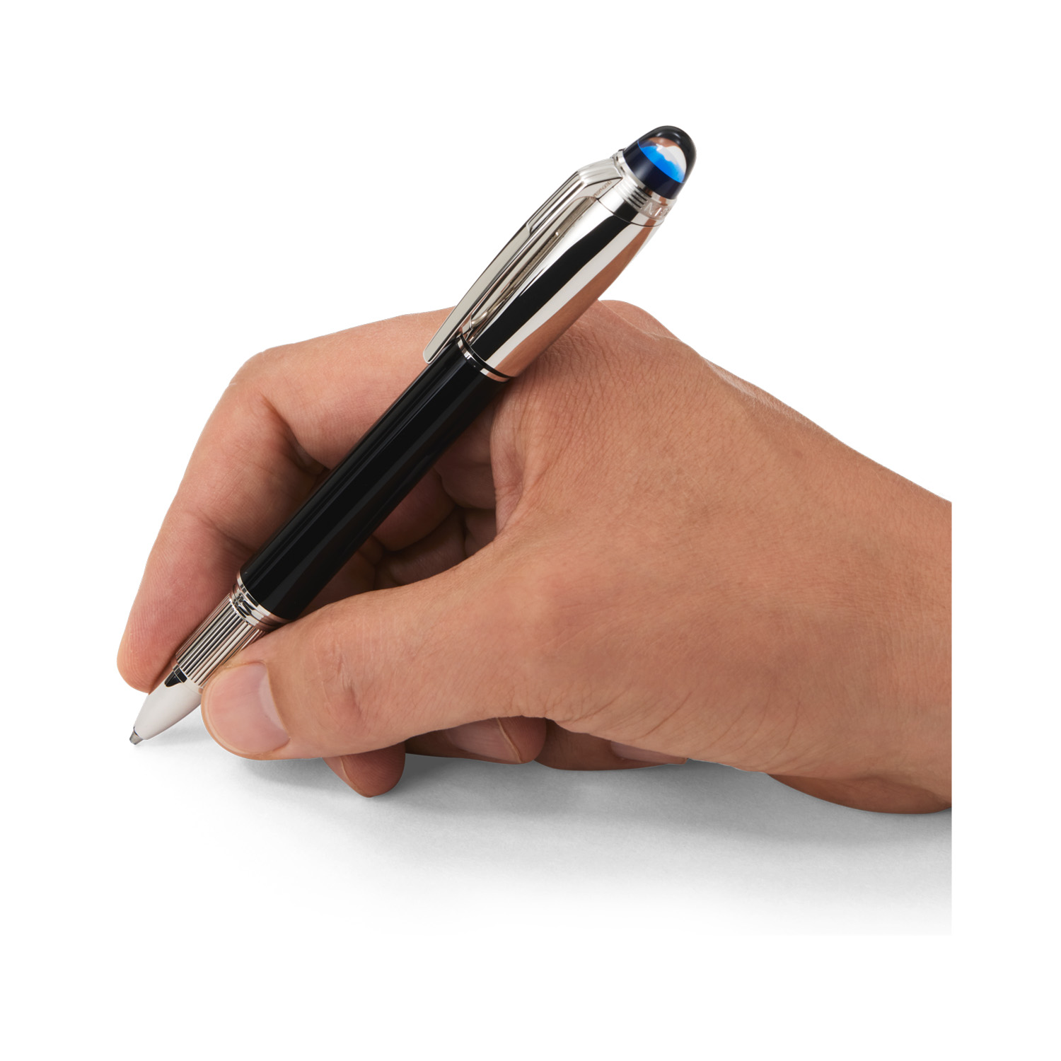 A Montblanc, StarWalker Doué Fineliner pen crafted in black precious resin with a platinum coated cap and a blue translucent dome.