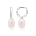 A pair of 9ct white gold oval shaped freshwater pearl huggie style drop earrings, for pierced ears.