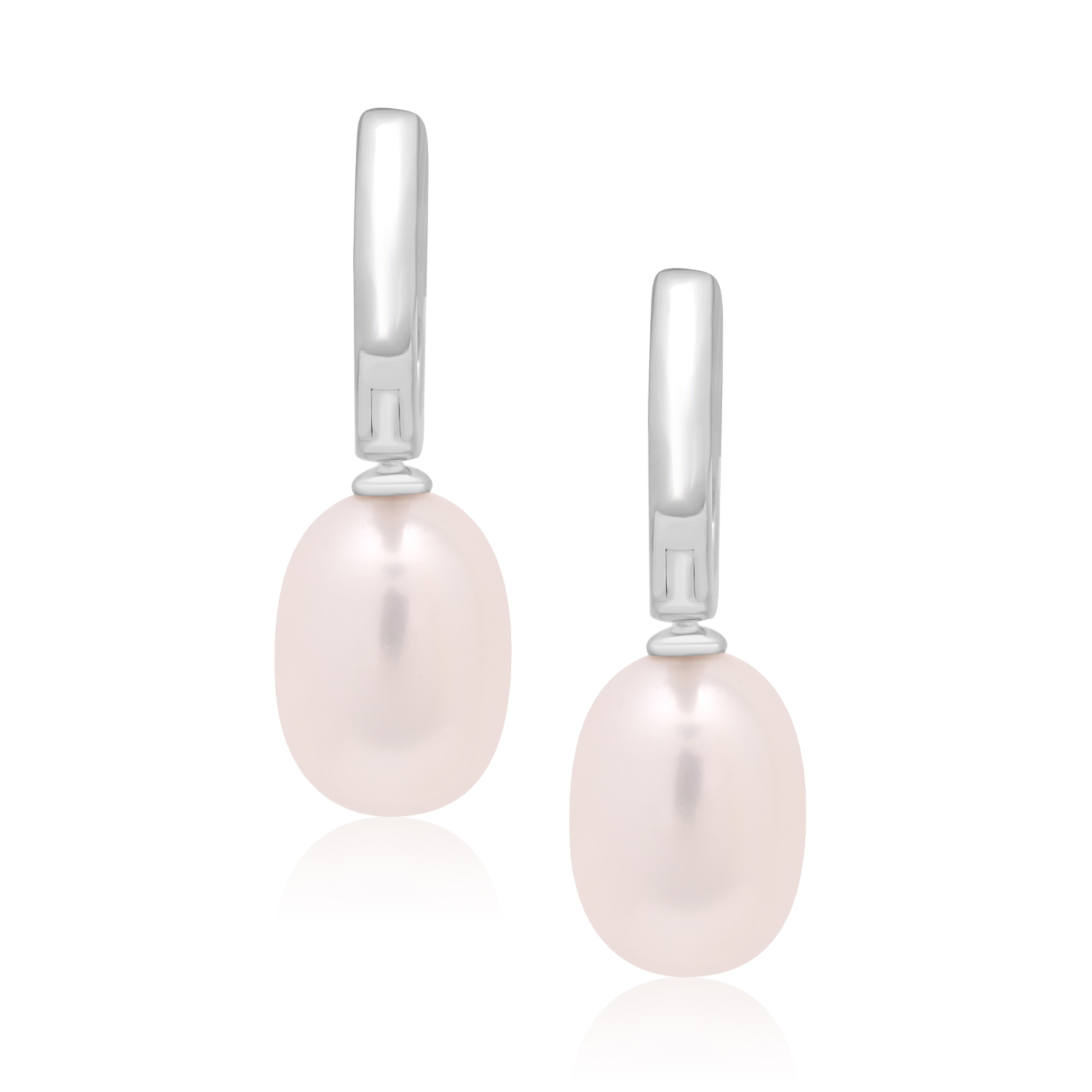 A pair of 9ct white gold oval shaped freshwater pearl huggie style drop earrings, for pierced ears.