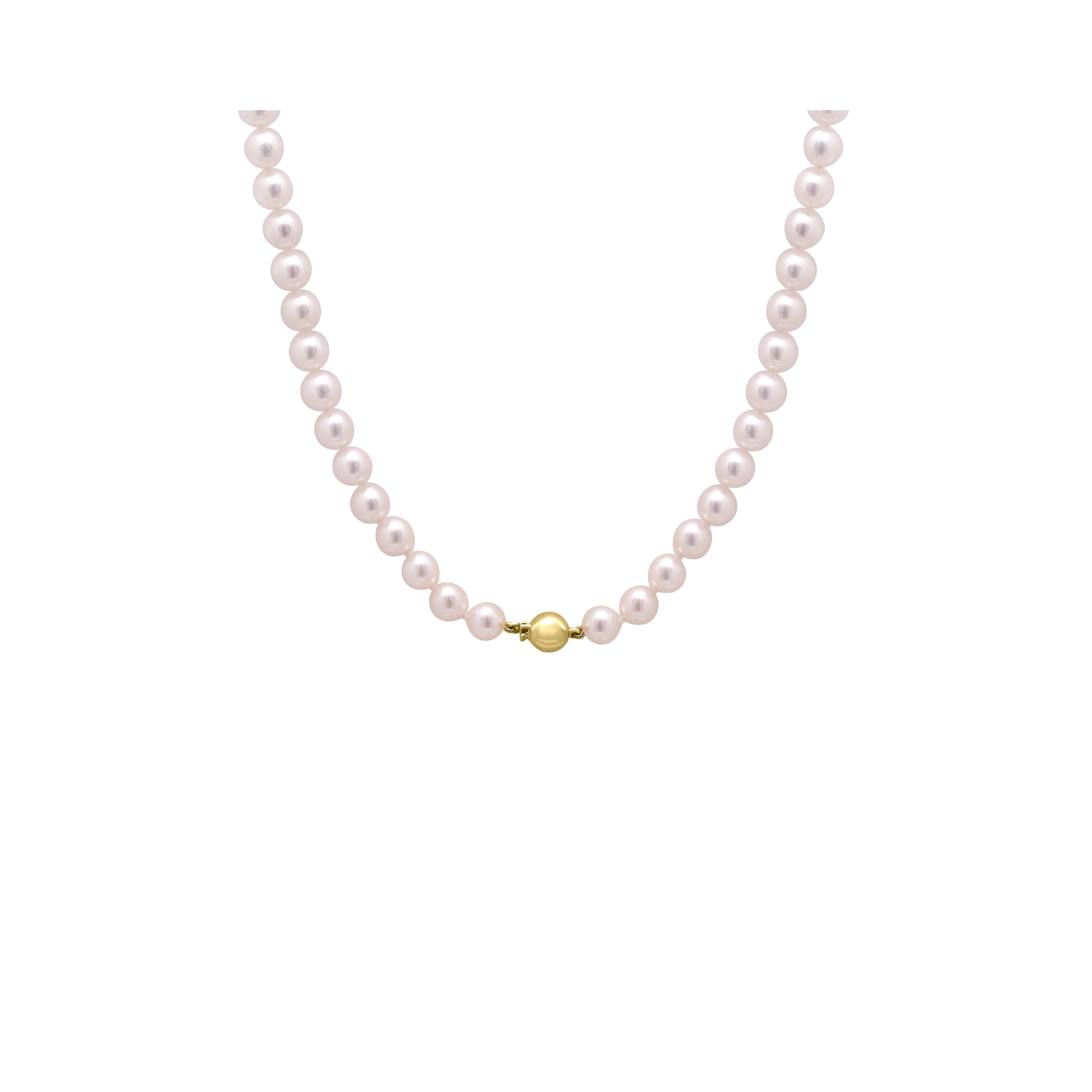 A white akoya pearl necklace featuring a 9ct yellow gold rear clasp.