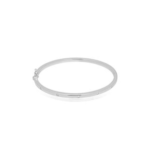 A 9ct white gold round brilliant cut diamond set hinged bangle with a polished finish.