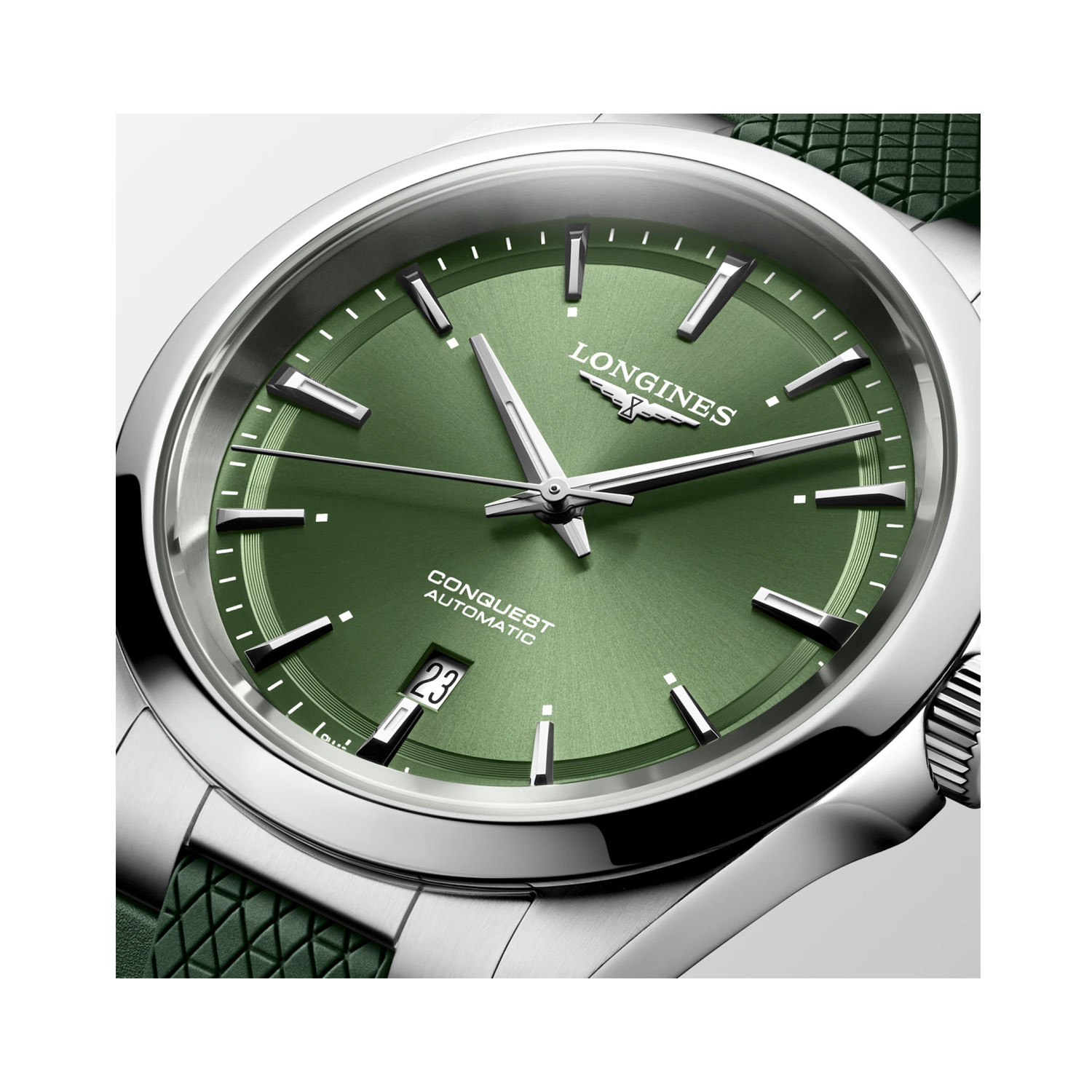 Longines, Conquest with a 41mm stainless steel case and a green rubber strap featuring a date function and a green dial.