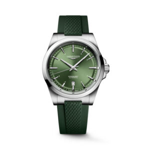 Longines, Conquest with a 41mm stainless steel case and a green rubber strap featuring a date function and a green dial.