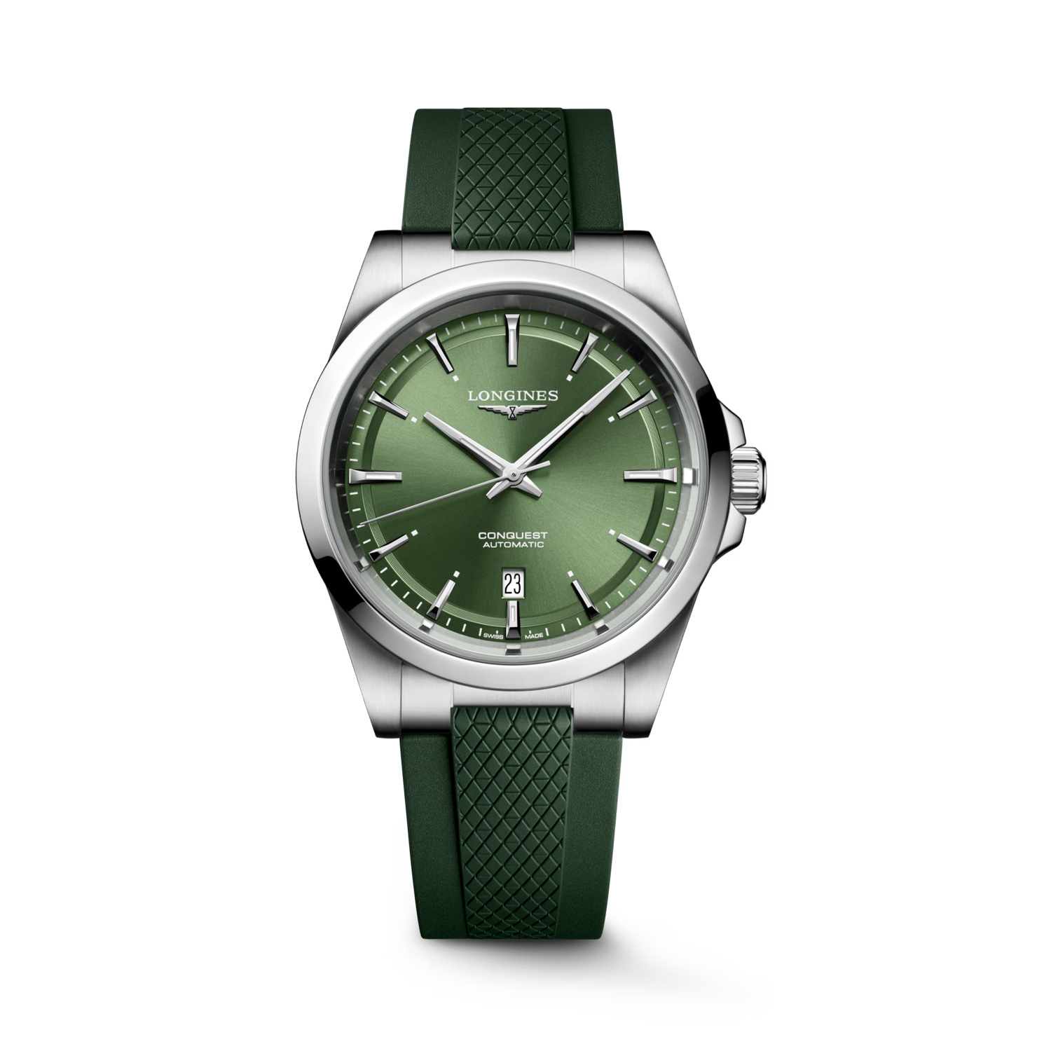 Longines, Conquest with a 41mm stainless steel case and a green rubber strap featuring a date function and a green dial.
