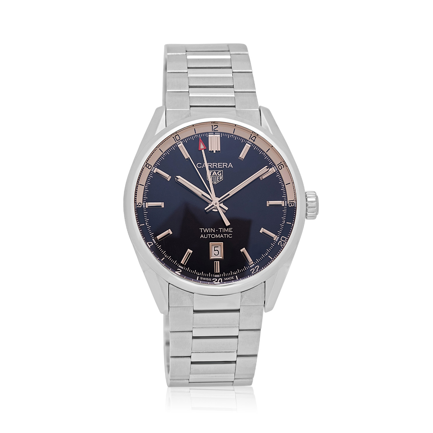 Tag Heuer, Carrera Twin-Time, Automatic Men's Watch Tag Heuer, Carrera Twin-Time with a 41mm stainless steel case and bracelet strap featuring a date function with a black dial.
