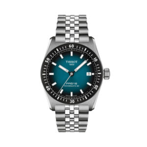Tissot, PR516 with a 38mm stainless steel case and bracelet strap featuring a date function with a graduated blue dial with a black bezel.