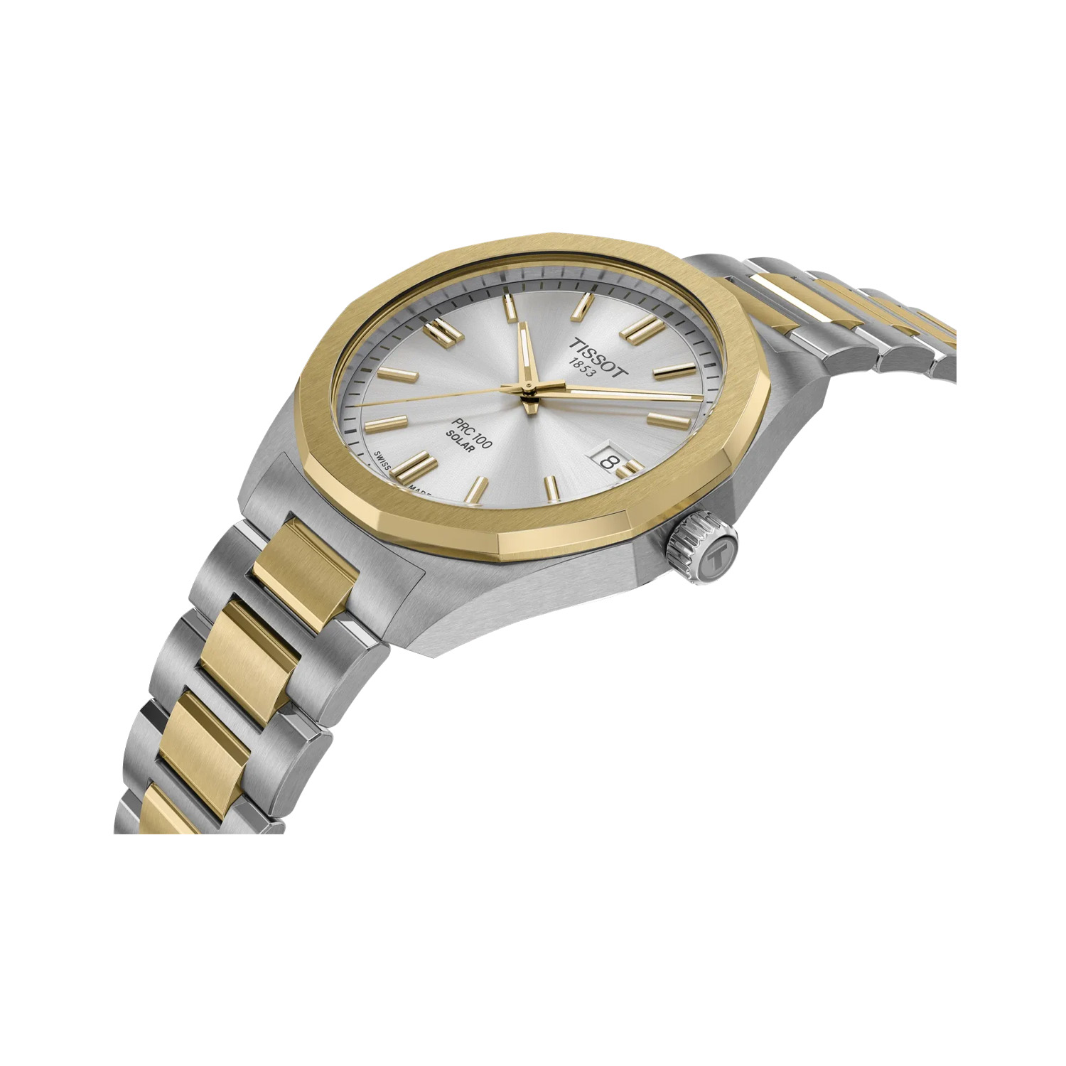 Tissot, PRC 100 with a 39mm stainless steel and yellow gold PVD coated case and bracelet strap featuring a date function on a silver dial.