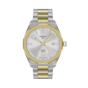 Tissot, PRC 100 with a 39mm stainless steel and yellow gold PVD coated case and bracelet strap featuring a date function on a silver dial.