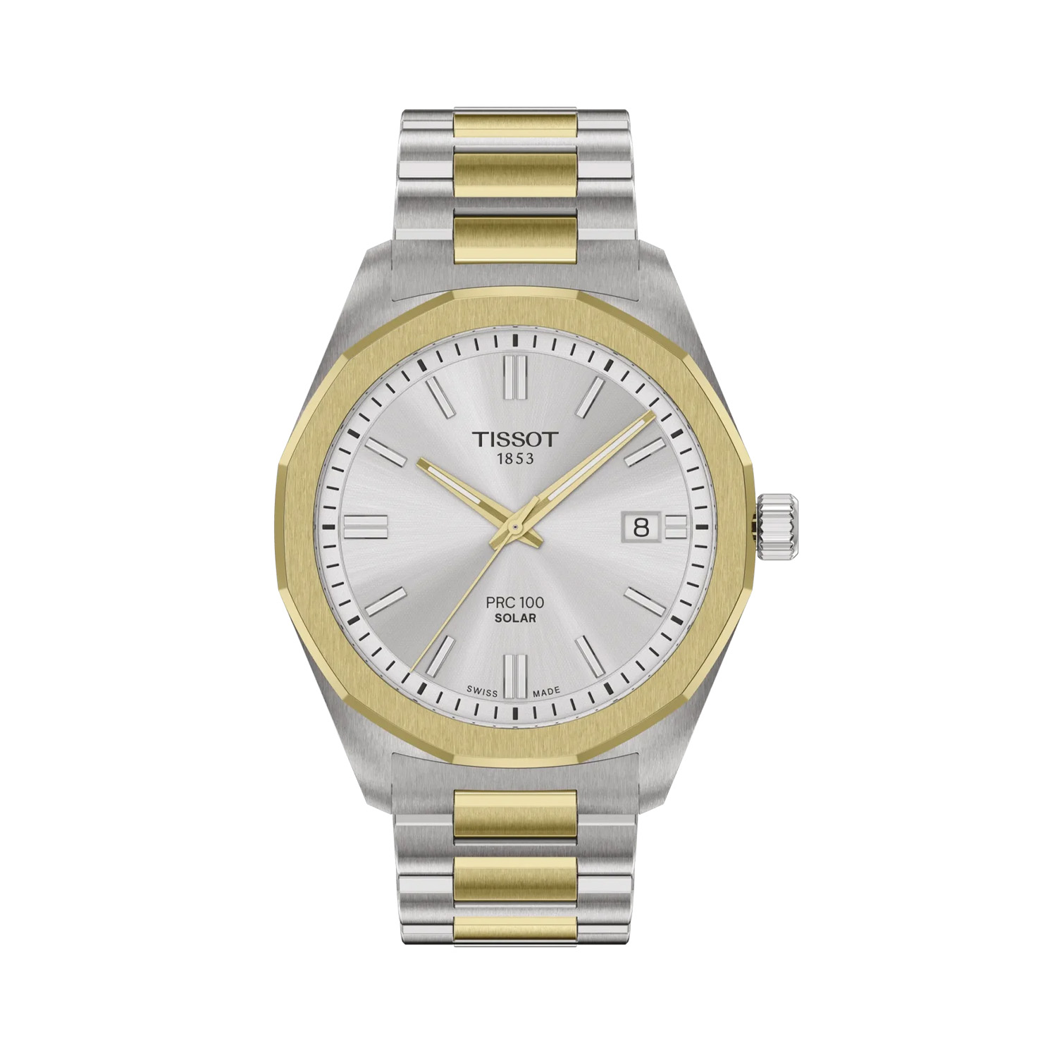 Tissot, PRC 100 with a 39mm stainless steel and yellow gold PVD coated case and bracelet strap featuring a date function on a silver dial.